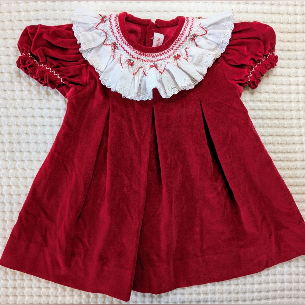 Vintage House Of Hatten Red Velvet Dress Smocked Lace Floral Embroidered 18M